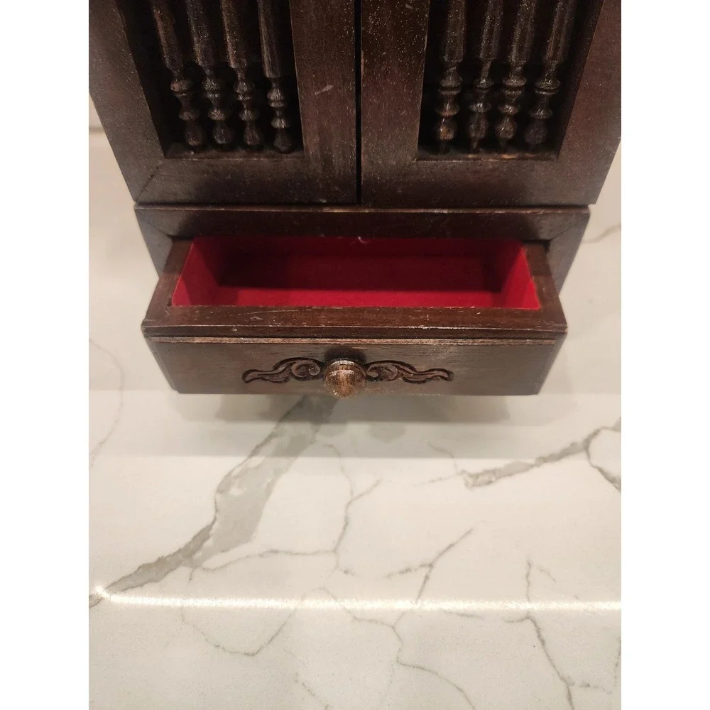 Vintage Wooden Jewelry Cabinet with Magnetic Doors & Multiple Felt Lined Drawers